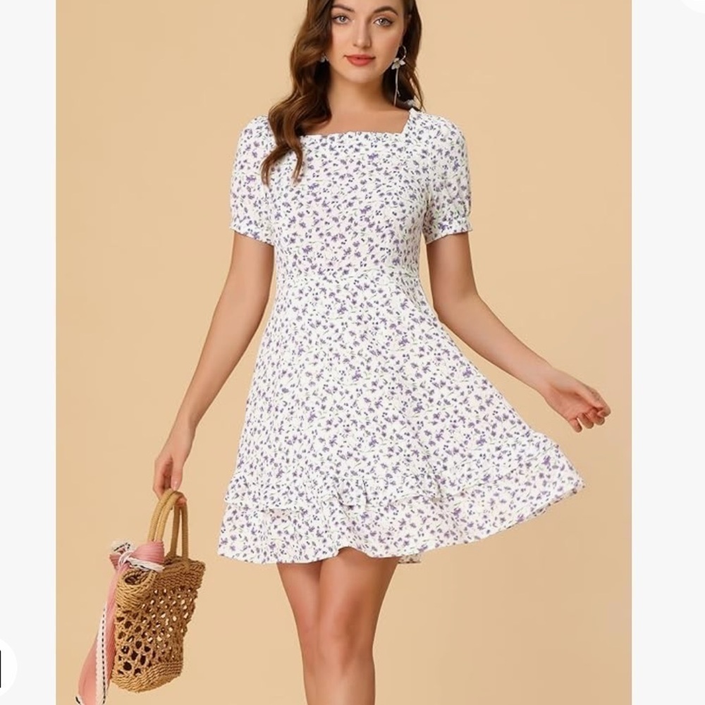 NWT Allegra K Women's Square Neck Flowy ruffle A-line Floral Dress boho size M
